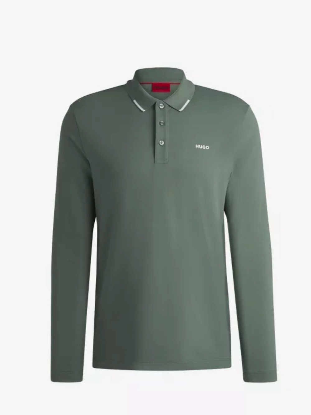 HUGO Olive Green Long-Sleeve Polo with White Trim